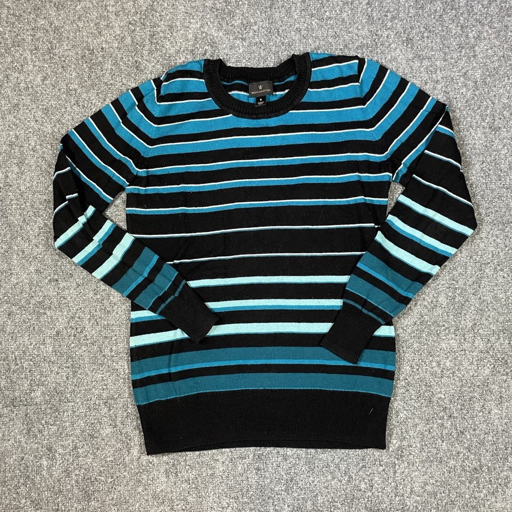 Worthington Sweater Womens Small Black Teal Striped Crew Neck Long Sleeve Knit